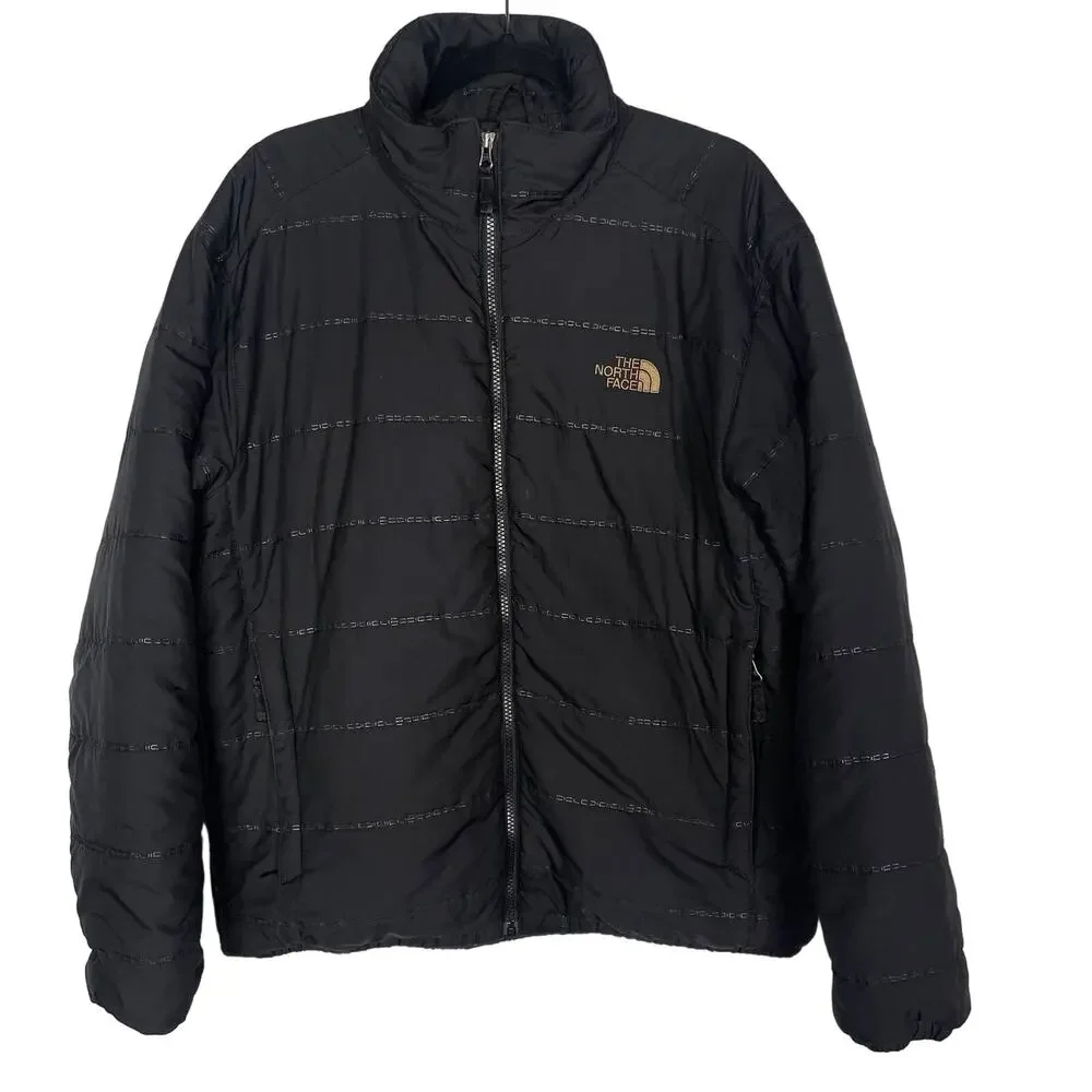 The North Face Mens Large L Black Tonal Striped Puffer Jacket Full Zip Pockets